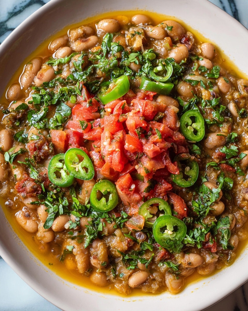 A close-up view of a thick, chunky bean stew spread as the base layer in a white bowl, showing a mix of soft brown and beige beans in a slightly oily, textured sauce. On top, there is a small pile of finely chopped fresh red tomatoes layered in the center, surrounded by bright green chopped herbs and sliced green jalapeño peppers, which add vibrant splashes of color and freshness. The oil gently glistens around the edges, enhancing the overall warm and hearty appearance of the dish. The bowl sits on a white marbled textured surface. photo taken with an iphone --ar 4:5 --v 7