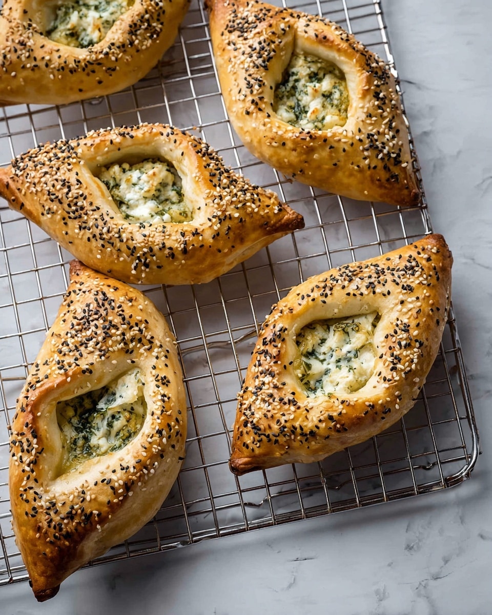 Five baked pastries rest on a metal cooling rack over a white marbled surface. Each pastry has a golden-brown crust sprinkled with white and black sesame seeds. The pastries are shaped like open boats with thick edges pinched at two points, revealing a filling inside. The filling is a mix of white cheese and green herbs, with a soft and slightly crumbly texture. The pastries show a warm, fresh-baked appearance with a shiny surface and browned spots. photo taken with an iphone --ar 4:5 --v 7