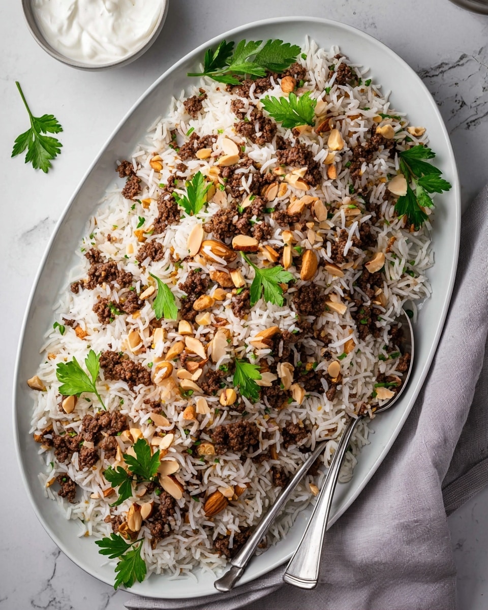 The image shows a large white plate with a base layer of fluffy white rice mixed with small bits of ground meat, giving a slightly brown and textured look. On top, there are pieces of golden-brown roasted chicken arranged with two whole drumsticks in the center and sliced chicken breast placed at the top and bottom edges. Bright red pomegranate seeds and fresh green parsley leaves are sprinkled across the dish, adding color contrast and freshness. There are two small clusters of pomegranate seeds on opposite sides of the plate. To the left of the plate is a small white bowl with a clear brown broth or sauce. A fork and spoon rest on the right edge of the plate on a white marbled surface. The overall presentation is clean and inviting with warm and fresh colors. photo taken with an iphone --ar 4:5 --v 7