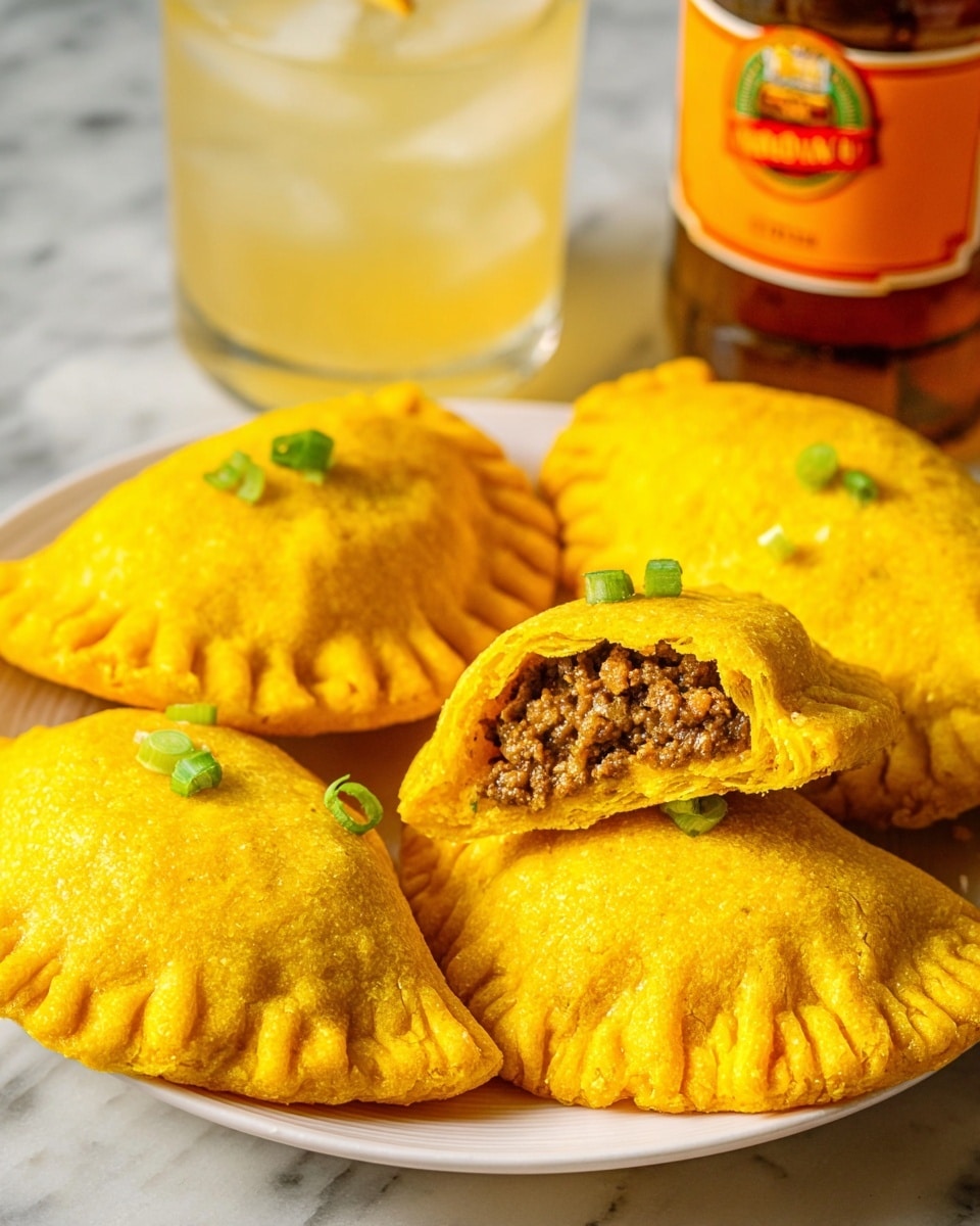 The image shows a plate full of bright yellow patties with a thick, crumbly texture. One patty is cut open and placed on top, revealing a moist brown filling made of finely chopped meat and spices. The patties have a crimped edge to seal the filling inside and are garnished with small green onion pieces on top. The plate is white and sits on a white marbled surface. In the background, there is a brown bottle with an orange label and a glass filled with a light yellow drink with ice. Photo taken with an iphone --ar 4:5 --v 7