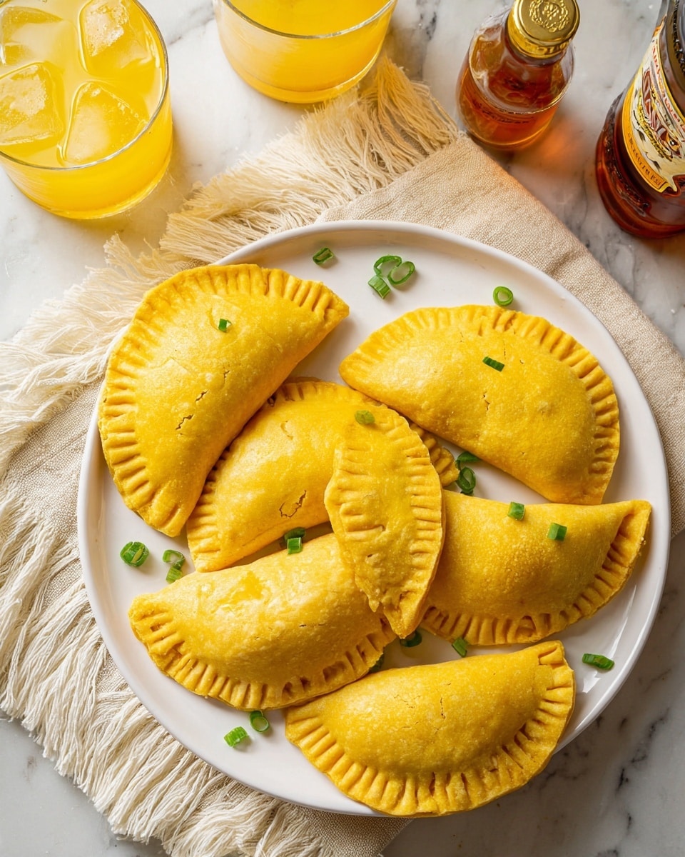 The image shows a white plate with five golden-yellow empanadas arranged close together, their edges pressed with a fork pattern creating a textured, crimped border. Each empanada is a half-moon shape with a smooth top surface that catches the light, highlighting their soft dough texture. Small green onion pieces are scattered both on the plate and partially under the empanadas, adding a pop of color. Nearby, there is a glass filled with ice and a yellow-orange drink, as well as a small bottle with an amber liquid and a bottle cap beside it. The plate sits on a white marbled surface with a fringed cloth napkin off to the side. photo taken with an iphone --ar 4:5 --v 7