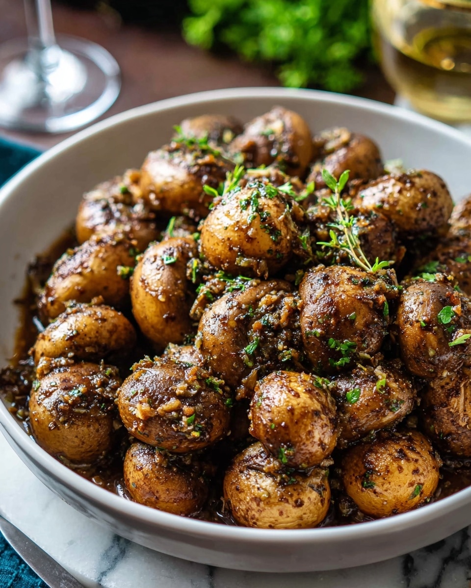 A deep white bowl filled with whole cooked mushrooms covered in a rich, brown herb and garlic sauce, showing bits of green herbs sprinkled on top; the mushrooms are piled high, glossy, and textured with seasoning on their rounded caps and stems, sitting on a white marbled surface with a knife next to it and blurred greenery in the background. photo taken with an iphone --ar 4:5 --v 7