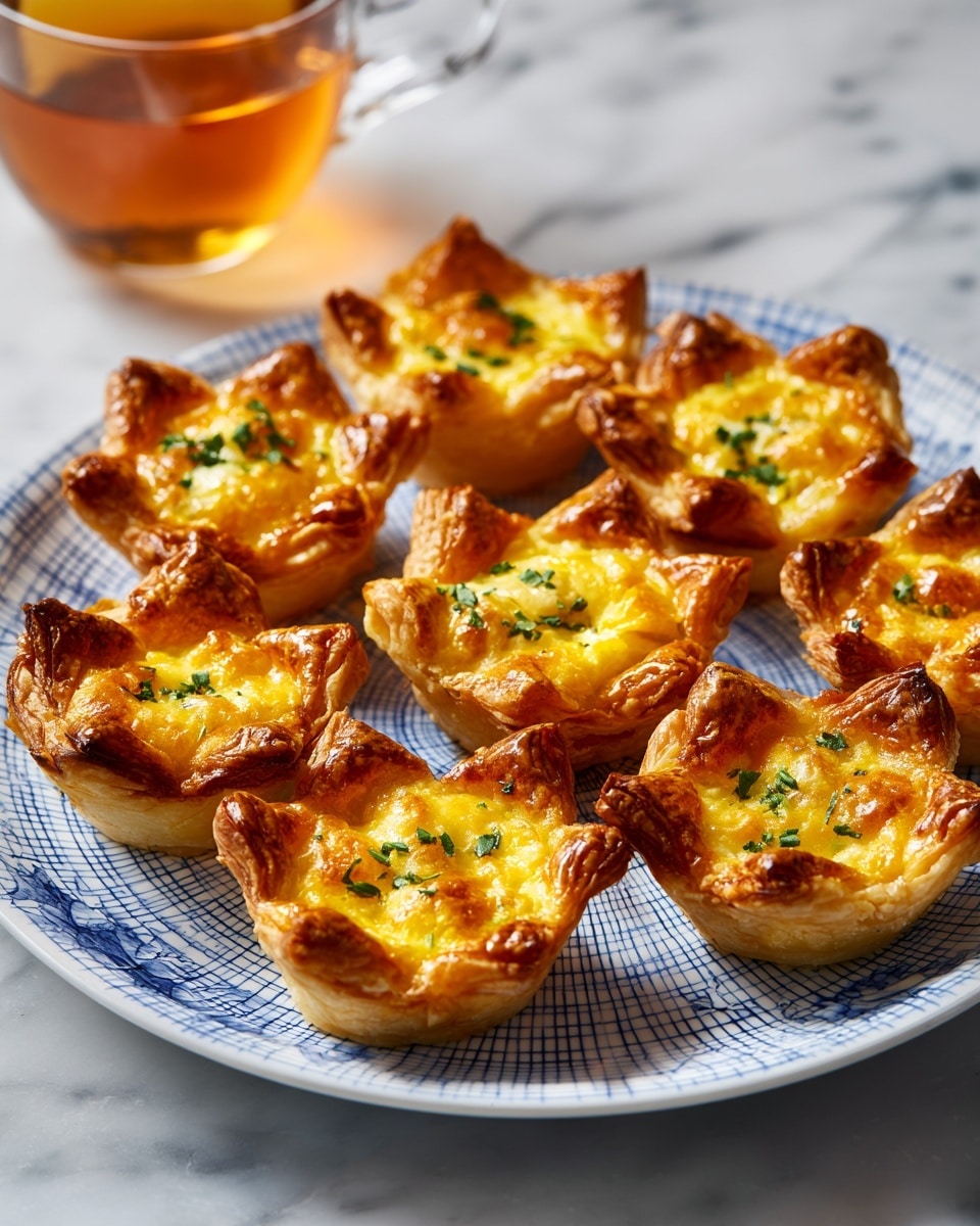 The image shows a white plate with a blue grid pattern holding eight small savory tartlets. Each tartlet has a golden-brown, flaky pastry crust with four pointed edges lifting up, forming a cup shape. Inside, the filling is a bright yellow-orange cheese mixture with small green herb pieces scattered on top, giving texture to the smooth, slightly browned surface. The plate sits on a white marbled texture, with part of a glass cup filled with amber-colored tea visible in the background. The lighting highlights the crispiness of the pastry and the melting, glossy cheese filling. Photo taken with an iphone --ar 4:5 --v 7