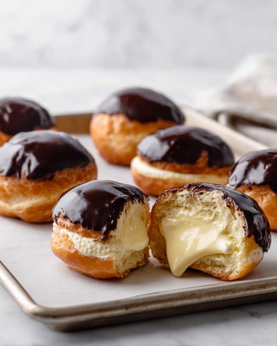 The image shows six round cream puffs on a white baking tray. Each puff has a golden-brown pastry base topped with a thick, shiny layer of dark chocolate glaze. One cream puff is cut in half, revealing a smooth, pale yellow cream filling inside the soft, light tan pastry. A small amount of cream is oozing out from the cut puff. The tray is set on a white marbled texture surface with a blurred white background. Photo taken with an iphone --ar 4:5 --v 7