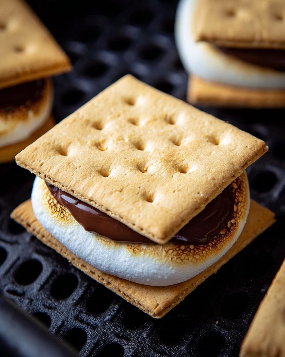 The image shows a close-up of a s'more with three visible layers. The bottom layer is a toasted white marshmallow with a slightly cracked texture and golden edges. On top of the marshmallow sits a smooth, melted milk chocolate piece, partially visible as it oozes slightly around the edges. The top layer is a square beige cracker with a rough texture and evenly spaced small holes. The s'more rests on a black perforated surface, with other similar s'mores partially visible nearby. photo taken with an iphone --ar 4:5 --v 7