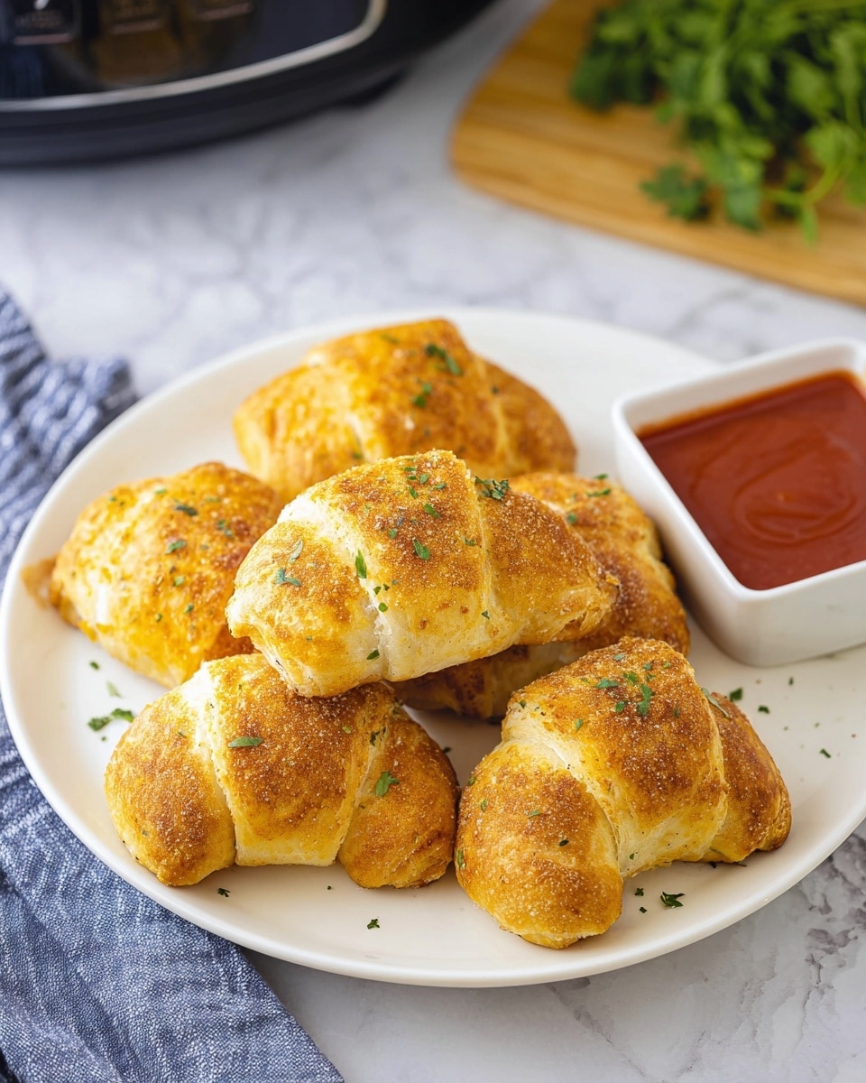 A white plate holds six golden-brown crescent rolls, each with a slightly crispy, textured crust and light sprinkles of green herbs on top. The rolls are arranged close together in the center of the plate, showing a soft, flaky texture beneath the crust. To the right, there is a white square dish containing a smooth, shiny red dipping sauce. The background includes a white marbled surface under the plate and a black kitchen gadget above, with a small bunch of green herbs and a blue and white striped cloth on the left side of the image. photo taken with an iphone --ar 4:5 --v 7