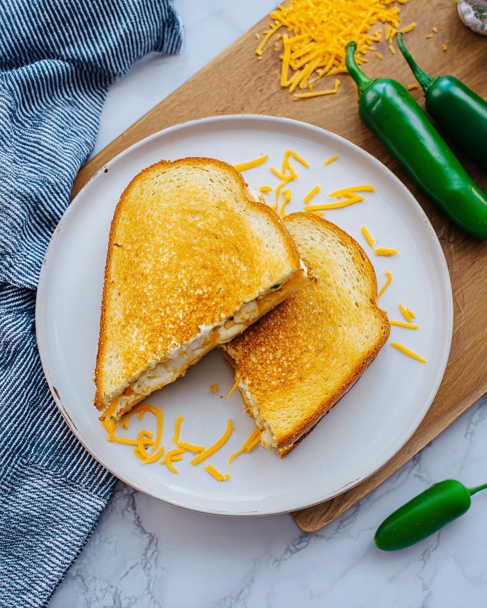 The image shows a toasted sandwich cut diagonally, placed on a white plate. The sandwich has two golden-brown toasted bread slices with a creamy, cheesy filling visible between them. Around the sandwich, there are thin orange cheese shreds scattered on the plate. Two whole green jalapeño peppers are placed to the right side of the sandwich. Part of a blue and white striped cloth is visible on the left edge, and the setting includes a wooden board on a white marbled surface. photo taken with an iphone --ar 4:5 --v 7