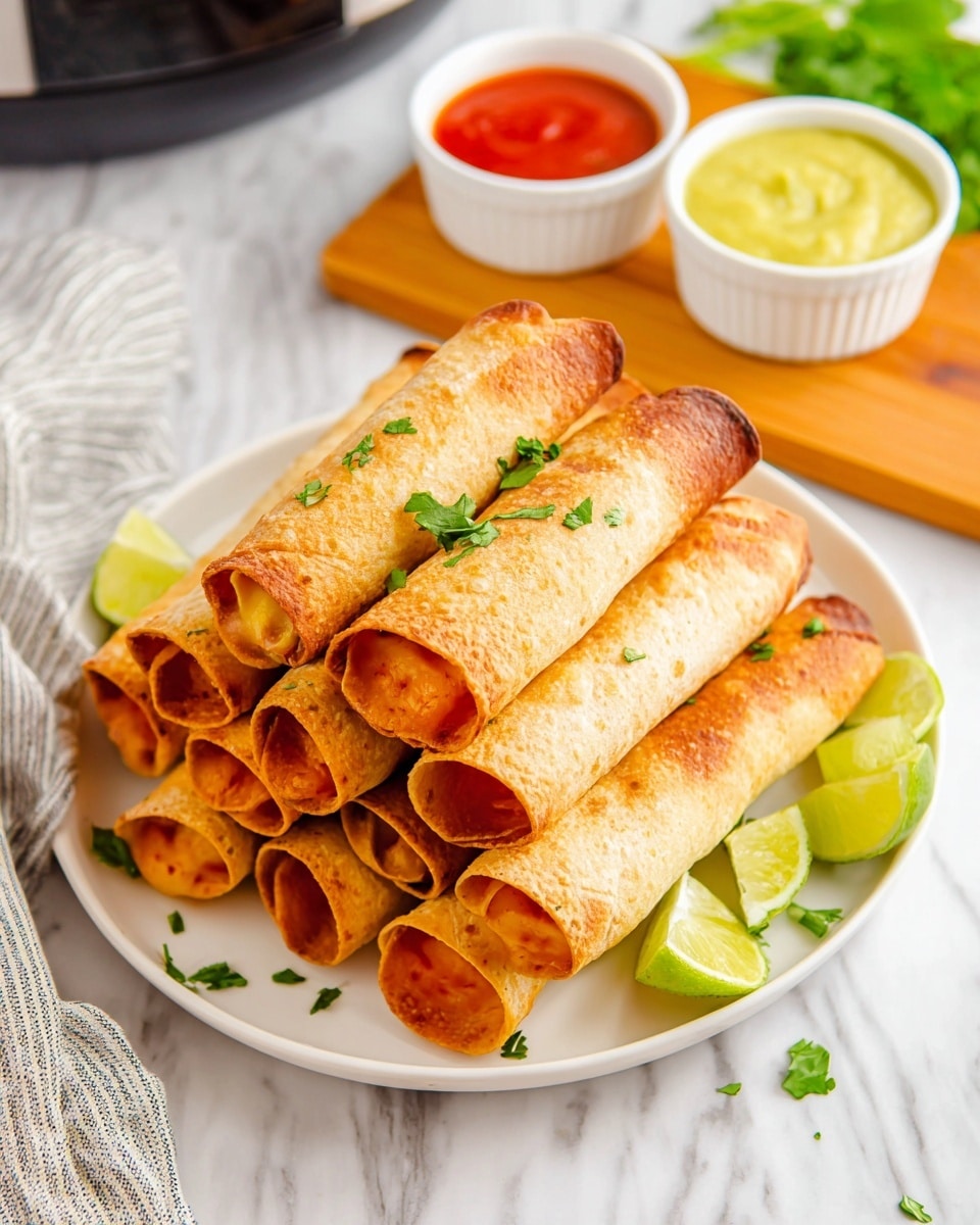 A white plate holds a stack of eight golden-brown taquitos arranged in two layers, with five taquitos on the bottom and three on top. Each taquito is tightly rolled with a slightly crispy texture, showing hints of orange filling inside the open ends. Small pieces of green cilantro are scattered on the taquitos and plate. Around the plate, there are three slices of lime placed on the right side. In the background, a wooden board holds three small white bowls of sauces: one red, one yellow, and one green. The whole scene is set on a white marbled surface with a light gray striped cloth partially visible on the left side. photo taken with an iphone --ar 4:5 --v 7