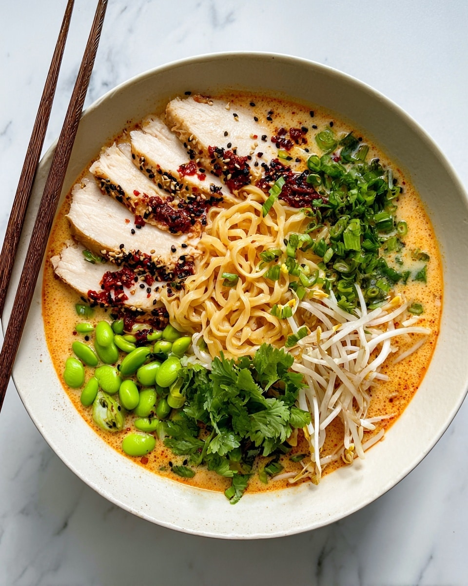 A white bowl holds a layered ramen dish with a base of creamy orange broth. On top, there is a tangle of light yellow noodles garnished with small bits of dark red chili oil and black sesame seeds. Arranged around the noodles, five slices of golden-brown roasted chicken lie on the left side. Moving clockwise, fresh bright green chopped cilantro sits next to a pile of white and light brown bean sprouts. At the bottom, a cluster of shiny bright green edamame beans adds brightness. Thinly sliced green onions sit beside the chicken on the far left. Two brown chopsticks rest on the bowl's edge. The bowl is placed on a white marbled surface photo taken with an iphone --ar 4:5 --v 7