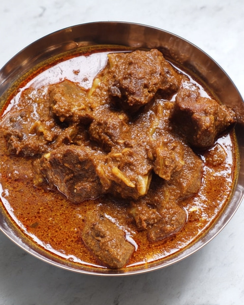 A close-up of a metal bowl filled with rich brown curry containing chunks of meat and a thick, smooth gravy with a slightly oily surface. The curry shows several pieces of dark brown meat with a few lighter colored bits, all coated in a thick sauce that has a textured, glossy finish. The bowl sits on a white marbled surface with no other objects around. photo taken with an iphone --ar 4:5 --v 7