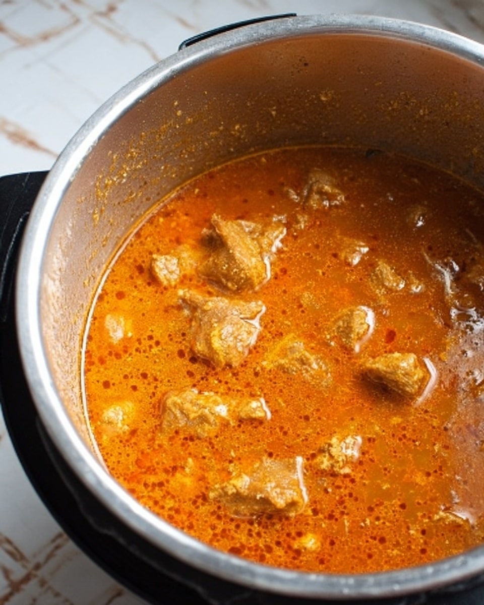 The image shows a large silver pressure cooker filled with a thick stew cooked to a rich orange-brown color. The stew has visible chunks of meat and a smooth, slightly oily surface with some small bubbles and specks of spices floating on top. The edges of the cooker are slightly stained with the sauce, indicating it has been simmered for some time. The background is a white marbled texture with soft lighting. photo taken with an iphone --ar 4:5 --v 7