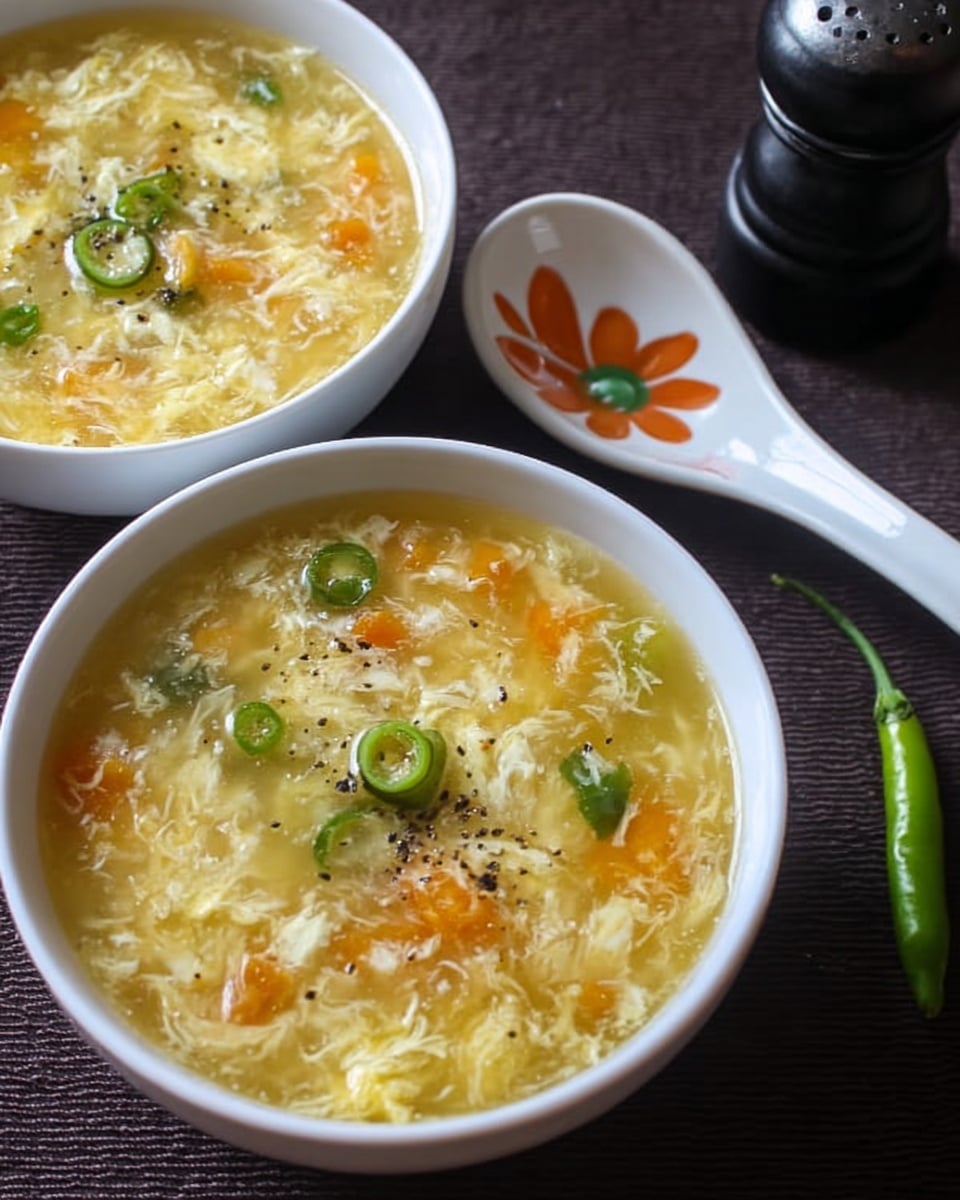 Two white bowls filled with yellowish egg drop soup sit on a dark surface. Each bowl holds a soup with visible soft egg ribbons floating in a clear broth mixed with small orange carrot cubes and green chili slices. Black pepper is sprinkled on top for extra texture. Beside one bowl, there is a white ceramic spoon with an orange flower design, holding a whole green chili. A black pepper shaker is placed near the bowls. The background has a simple, natural feel. Photo taken with an iphone --ar 4:5 --v 7