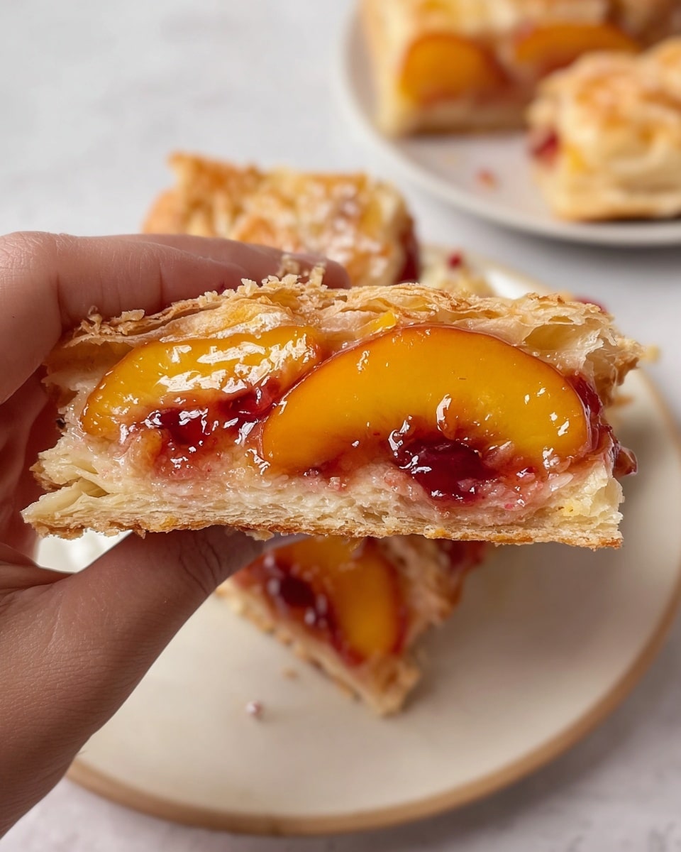 A close-up image of a slice of fruit pastry held by a woman's hand showing three main layers: the bottom layer is light, flaky, and golden pastry dough; the middle layer contains glossy red fruit jam with small fruit pieces; the top layer consists of shiny, vibrant orange peach slices covered in a sticky glaze. In the background, there is a white plate with more pieces of the same pastry on a white marbled surface. Photo taken with an iphone --ar 4:5 --v 7