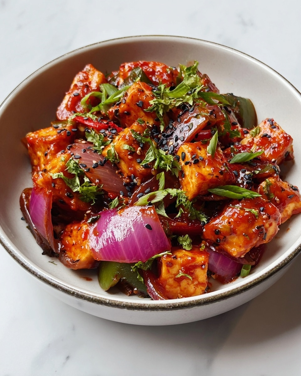 A white bowl holds a colorful stir-fry with three layers: the first layer has shiny orange-red chunks of tofu coated in sauce, the second layer contains thick slices of purple-red onions and green scallions mixed in, and the third layer shows small black sesame seeds and chopped fresh green herbs scattered over the top, all sitting on a white marbled surface. photo taken with an iphone --ar 4:5 --v 7