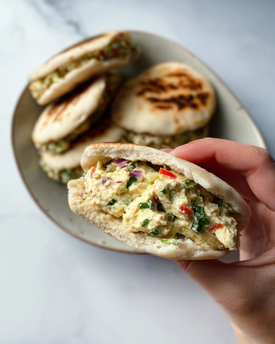 A woman's hand holds a small sandwich made with a light tan pita bread, slightly puffed and soft-looking, split open to reveal a thick filling. The filling is creamy with a pale yellow base, mixed with small pieces of green herbs, bright red bits, and tiny purple slivers, giving it a fresh, chunky texture. In the background, a white, marbled surface supports a white oval plate holding more of these pita sandwiches, stacked and showing their browned, toasted tops. photo taken with an iphone --ar 4:5 --v 7