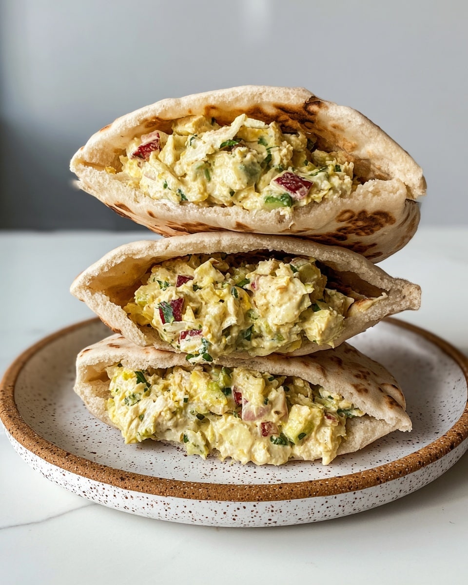 Three small pita pockets filled with a creamy, chunky salad. Each pita has a light tan, soft, and slightly fluffy texture with browned spots. Inside, the filling is thick, pale yellow mixed with bits of green herbs, red pieces, and small chunks of white and light green ingredients, showing a mix of vegetables and possibly eggs or chicken. They are stacked on a white plate with a speckled brown pattern, all placed on a white marbled surface. Photo taken with an iphone --ar 4:5 --v 7