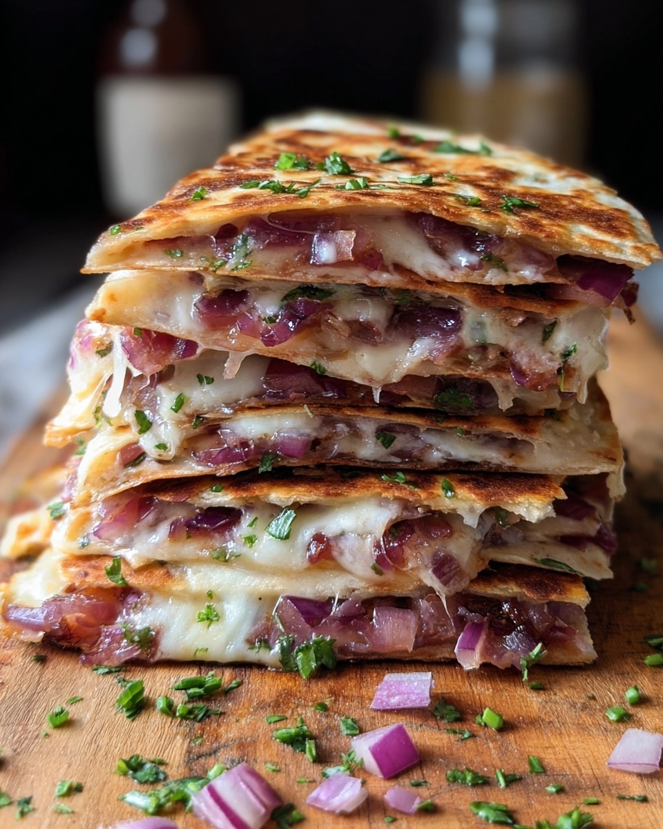 A tall stack of folded quesadilla slices sits on a wooden board with finely chopped green herbs sprinkled around. Each slice has a soft, lightly toasted, golden brown tortilla exterior that wraps around a filling of melted white cheese and cooked purple-red onions. The onions appear tender and slightly glossy, layered thickly between two thin layers of cheese, creating a contrast between gooey and chunky. The edges of some slices show a slight crispiness and charring, giving texture to the stack. Small onion pieces and herbs are scattered nearby, adding a fresh look. photo taken with an iphone --ar 4:5 --v 7