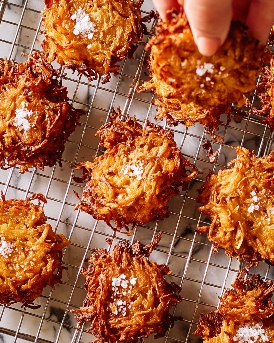 A close-up view of several golden brown, crispy fritters arranged on a silver cooling rack over a white marbled surface. Each fritter has an uneven, rough texture with visible strands of ingredients, creating a crunchy look. Some fritters are sprinkled with coarse white salt flakes. A woman's hand is in the top right corner, gently sprinkling salt onto one of the fritters, adding a sense of motion and care to the scene. The lighting highlights the fritters' crunchy edges and warm color, making them look freshly cooked and appetizing. photo taken with an iphone --ar 4:5 --v 7
