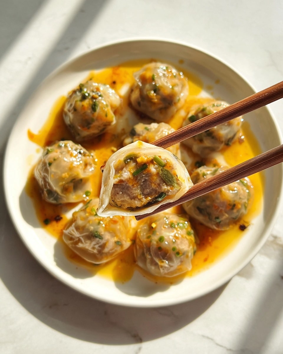 A close-up view of a round white plate holding eight translucent dumplings arranged in a circular pattern, each filled with a mix of orange, green, and brown bits, possibly vegetables and meat, covered in a shiny sauce that pools beneath them with a golden-orange hue. In the foreground, wooden chopsticks are holding one dumpling, showcasing its soft, sticky texture and colorful filling. The plate sits on a white marbled textured surface, with natural light creating subtle shadows and highlights. Photo taken with an iphone --ar 4:5 --v 7