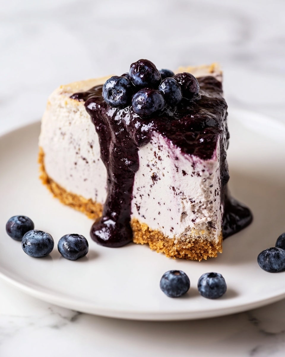 A slice of cheesecake with two distinct layers is placed on a white plate over a white marbled texture; the bottom layer is crumbly and light brown, with a textured, biscuit-like appearance, while the top layer is creamy and pale purple with small dark specks, giving it a soft, mousse-like texture. On top of the cheesecake slice is a thick, glossy dark purple sauce that drips down the front edge, crowned with five plump, shiny blueberries. Around the plate on the white surface, there are five additional blueberries scattered loosely. photo taken with an iphone --ar 4:5 --v 7