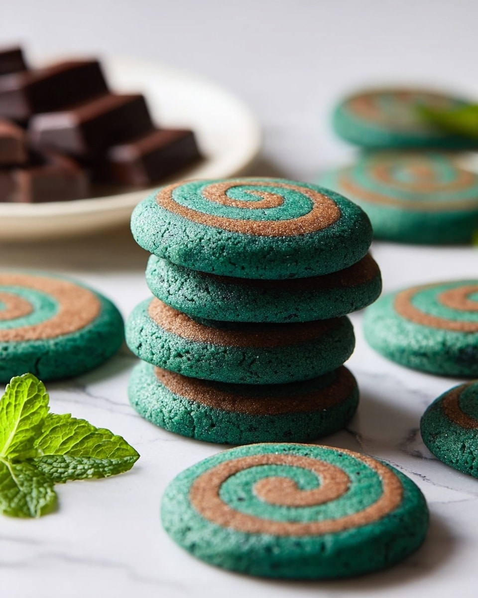 A stack of five round cookies sits in the center, each cookie showing two layers: a thicker teal green base layer with a slightly rough texture, and a thinner smooth brown spiral layer on top. Around the stack, there are more flat teal green cookies with the same brown spiral pattern, spread out randomly on a white marbled surface. In the background to the left, a white plate holds some dark brown rectangular chocolate pieces, and a fresh green mint leaf is placed near the front left of the cookies. The lighting is soft and natural, highlighting the cookie texture and colors clearly. photo taken with an iphone --ar 4:5 --v 7
