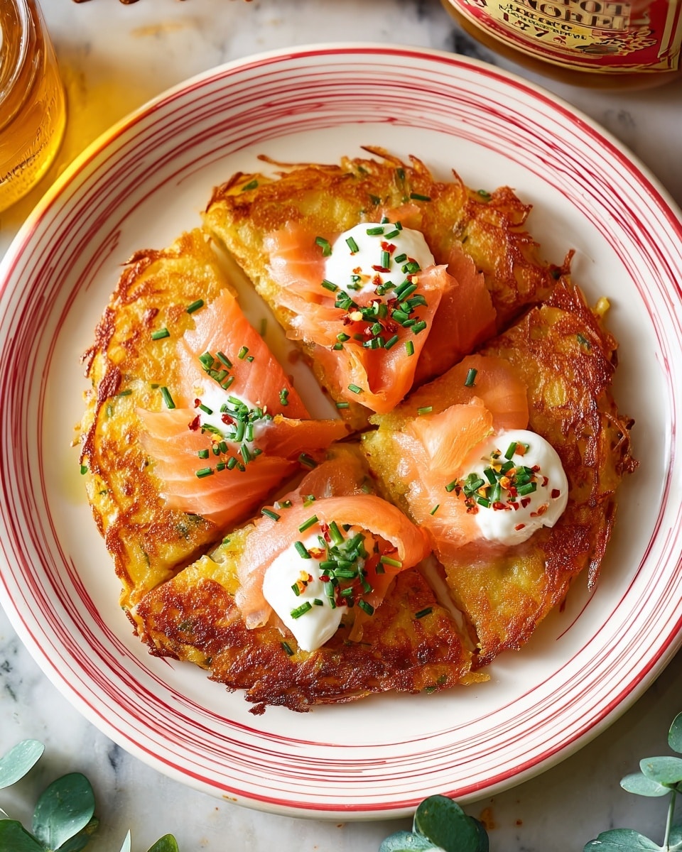 A round, golden-brown crispy potato pancake is placed on a white plate with red stripes. It is cut into four equal slices, and each slice is topped with a folded piece of light pink smoked salmon. On top of each salmon slice, there is a small dollop of white cream, sprinkled with finely chopped green chives and a few red chili flakes. The plate sits on a white marbled surface with some green leaves and a honey jar nearby. photo taken with an iphone --ar 4:5 --v 7
