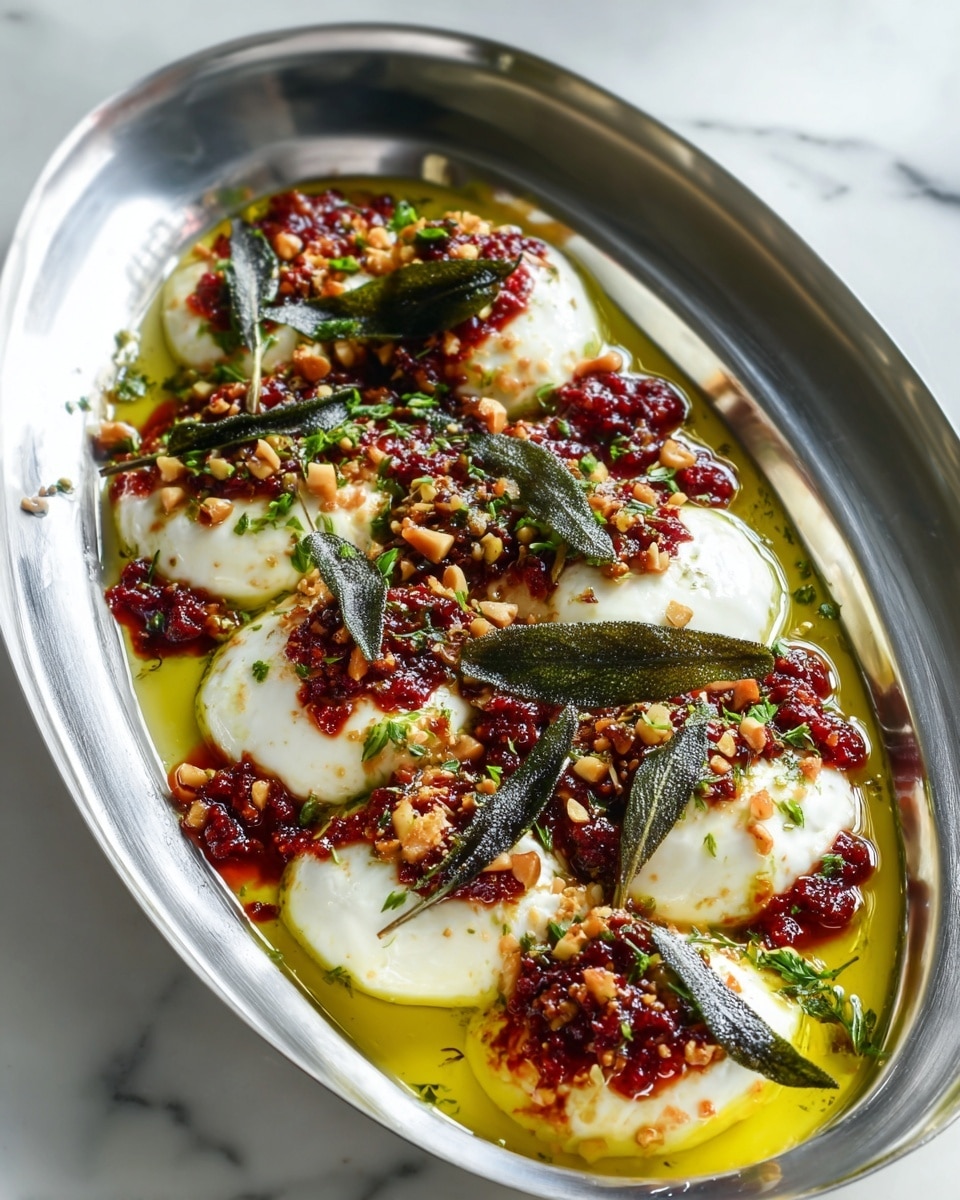 The dish shows five thick rounds of soft white cheese placed evenly in a shiny silver oval plate. Around and slightly under the cheese are dollops of deep red, chunky sauce. Over the cheese, there are small green herbs sprinkled finely along with crushed light-brown nuts scattered evenly. Several dark green crispy leaves, likely fried sage, are arranged on top of the cheese and sauce. The whole dish is glazed with a golden-yellow oil that pools around the edges, highlighting each color. The background features a clean white marbled texture. photo taken with an iphone --ar 4:5 --v 7
