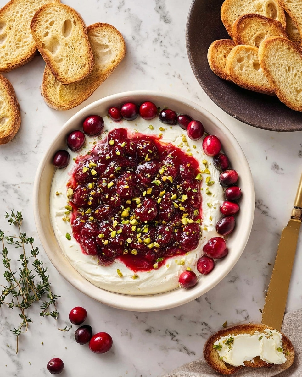 A white bowl filled with a creamy white layer of cheese at the bottom, topped with a thick, glossy red cranberry sauce layer in the center, sprinkled with small yellow-green chopped pistachios and tiny green thyme leaves. Around the bowl are scattered fresh red cranberries and fresh thyme sprigs. To the top right, a dark bowl holds several slices of golden-brown toasted bread, with more toasted bread slices laid beside it. A knife with a gold handle rests on the right edge with a piece of toasted bread spread with cheese near it, all set on a white marbled surface. photo taken with an iphone --ar 4:5 --v 7