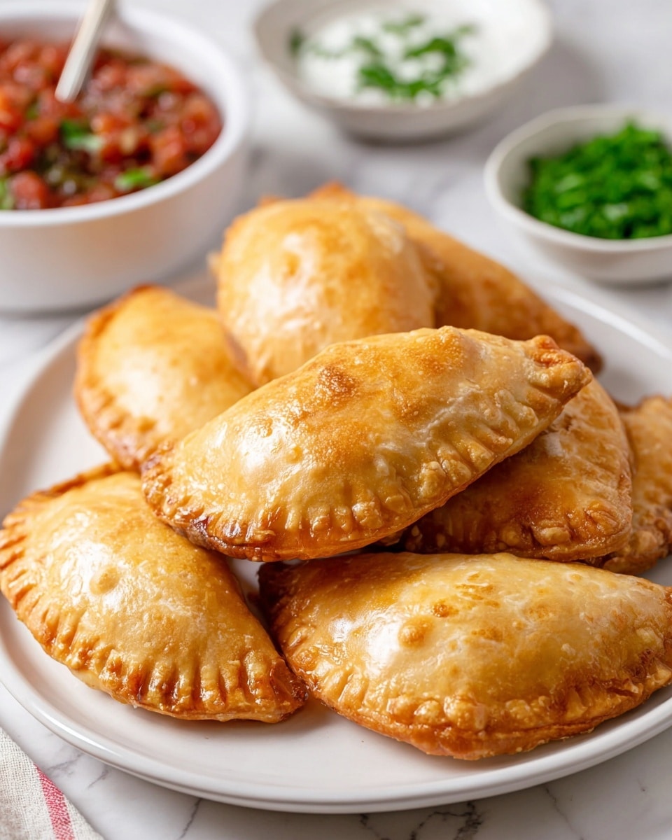 A white oval plate is filled with six golden brown empanadas, each with a crisp, crimped edge and a slightly shiny, flaky crust. The empanadas are stacked in two layers, with some overlapping. Near the back left of the plate, there is a white bowl of chunky red salsa with visible pieces of tomato and pepper, and a silver spoon sticking out. In the background toward the right, a small bowl of bright green chopped herbs sits slightly blurred. The surface under everything is a white marbled texture, adding a clean, fresh look to the scene. photo taken with an iphone --ar 4:5 --v 7