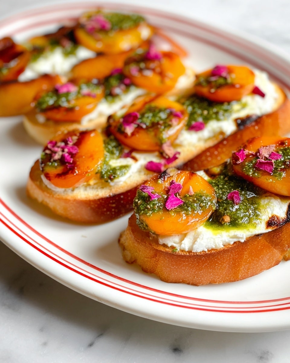 The image shows several pieces of toasted baguette slices arranged on a white plate with red stripes. Each baguette slice has three main layers: a golden-brown toasted bread base, a thick layer of creamy white ricotta spread, and roasted orange apricot halves placed on top. Over the apricots, there is a drizzle of green pesto sauce with a chunky texture, and small pink edible flower petals added for decoration. The plate sits on a white marbled surface. photo taken with an iphone --ar 4:5 --v 7