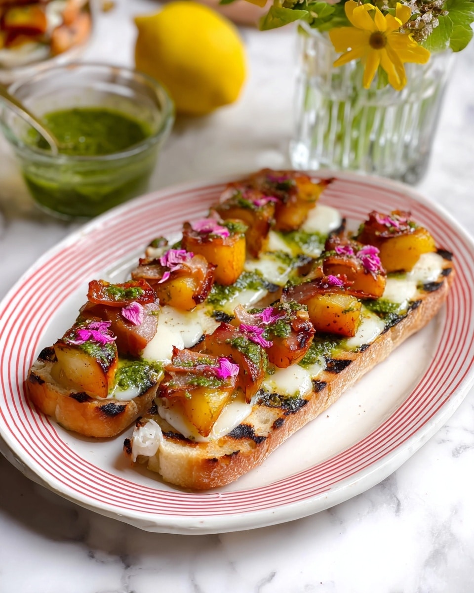 The dish is made of two long white bread slices grilled with light char marks, placed on a white plate with red stripes. Each slice is topped with a layer of smooth, white creamy cheese. On top, there are several pieces of golden orange roasted fruit, each wrapped in thin, crispy brown slices of bacon. A green sauce is drizzled over the fruit and bacon, adding a fresh textured layer. Small pink edible flowers decorate the top, giving a delicate and colorful finish. In the background, a glass bowl with more green sauce, a yellow lemon, and a small bouquet of flowers in a clear water-filled glass are visible on a white marbled surface. Photo taken with an iphone --ar 4:5 --v 7