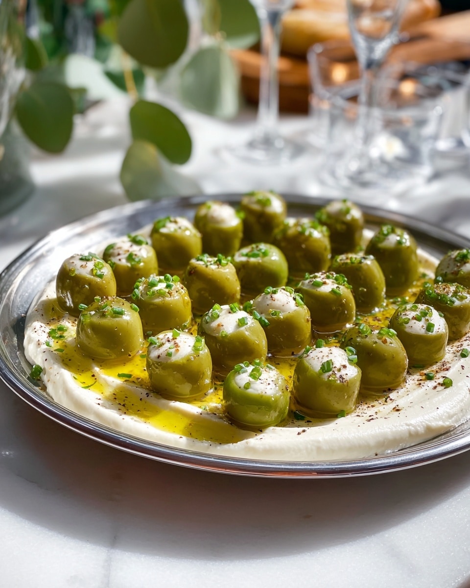 A shiny silver round plate holds a dish with two main layers. The bottom layer is a smooth, white creamy spread, spread thickly around the edges of the plate. On top of this, evenly arranged in rows, are small green olives, each stuffed with a soft white filling. Bright golden olive oil pools around the olives, adding shine, and small bits of green chives and ground black pepper are sprinkled over the entire dish. The plate sits on a white marbled surface with soft light and a blurred background of green leaves, glassware, and kitchen items. Photo taken with an iphone --ar 4:5 --v 7
