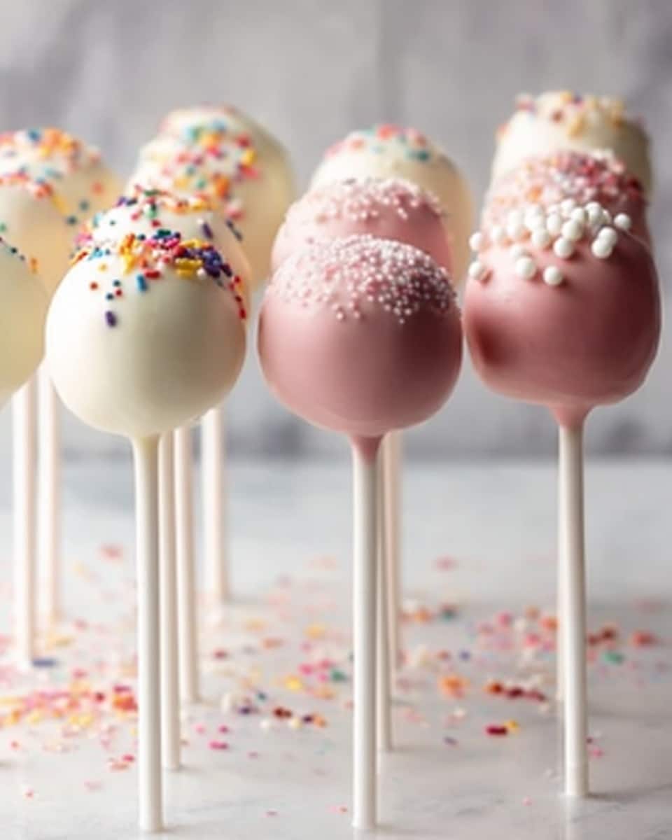 The image shows two rows of cake pops standing upright on white sticks. Each cake pop is coated with smooth frosting; the left row is covered with white frosting and topped with colorful sprinkles, while the right row has pink frosting with small white pearl-like sprinkles. The pops are evenly spaced and arranged on a flat surface with some sprinkles scattered around. The background is a white marbled texture. photo taken with an iphone --ar 4:5 --v 7