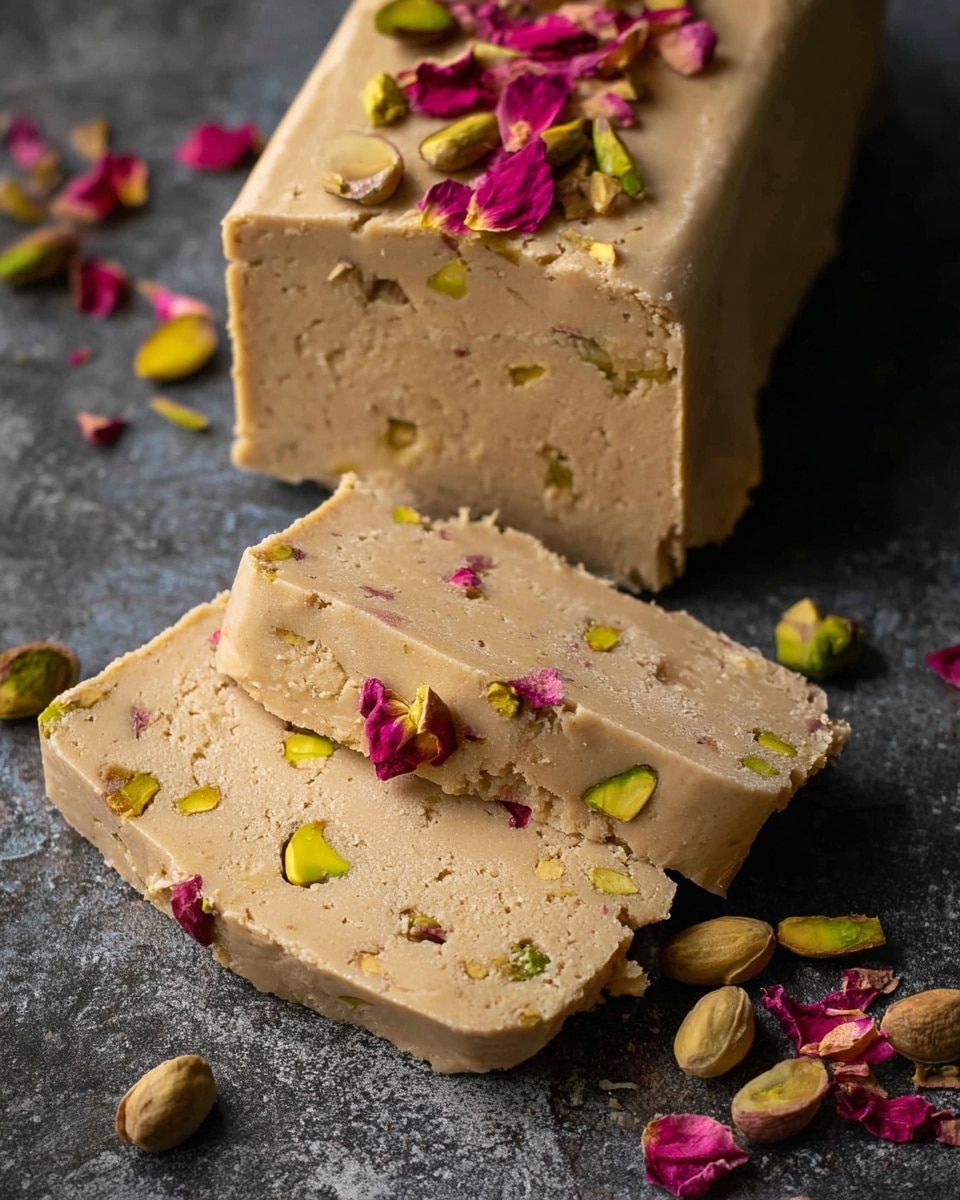 The image shows a block of soft beige halva with visible small green pistachio pieces mixed inside. The halva is cut into thick rectangular slices, with two slices lying flat and one still attached to the main block. The surface of the halva has a smooth texture with small cracks and is topped with small pink rose petals. Whole pistachios and some scattered pink petals surround the halva on a dark textured surface that contrasts with the light halva color. photo taken with an iphone --ar 4:5 --v 7