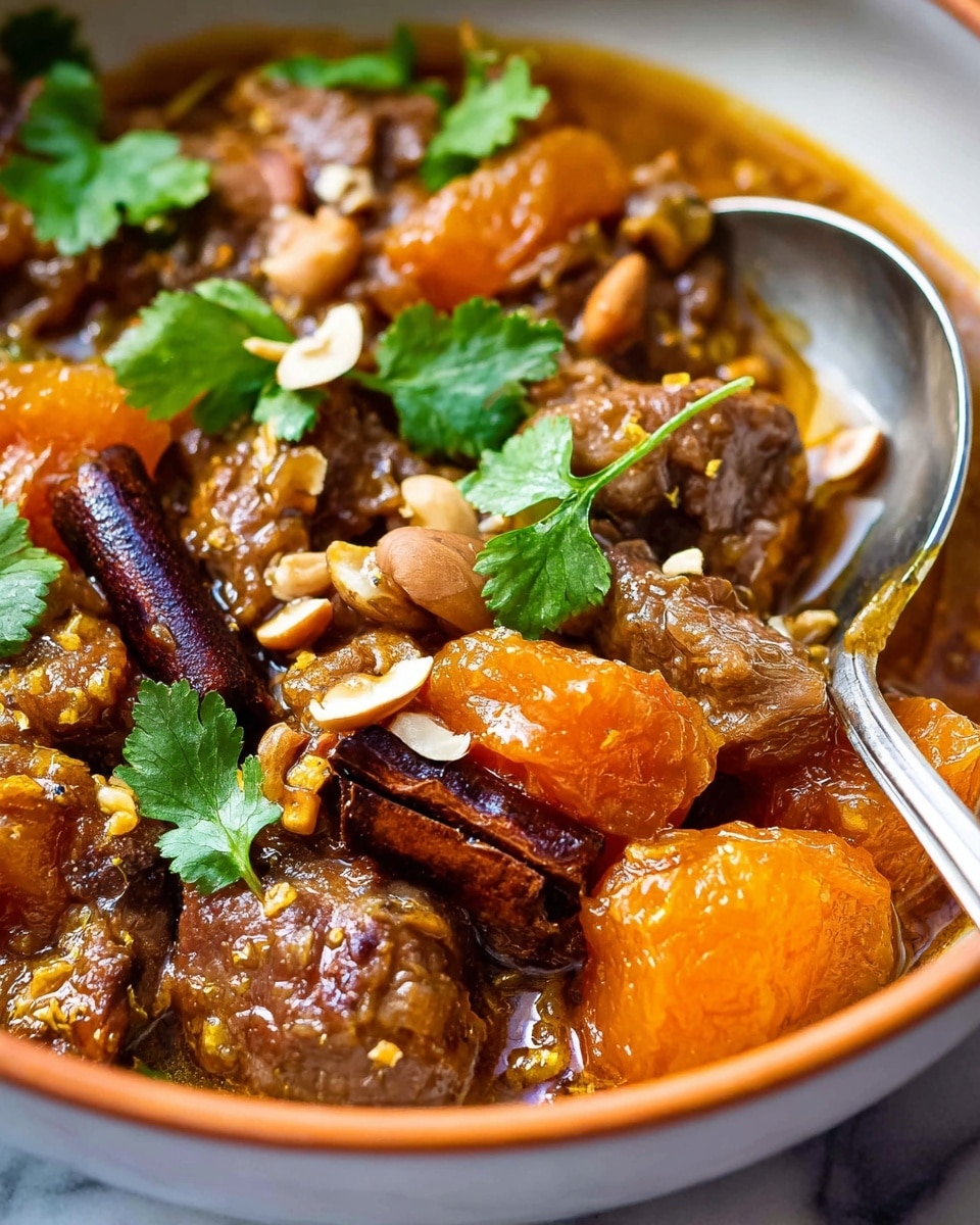 A close-up of a stew served in a white bowl with an orange rim, placed on a white marbled surface. The dish has several visible layers including tender chunks of brown meat, bright orange pieces of cooked apricot, and whole sticks of dark brown cinnamon. There are fresh green cilantro leaves scattered on top, adding a pop of color. The sauce is rich and slightly shiny, with a mix of brown and orange hues, and some small white slivers possibly of nuts or garlic. A silver spoon is partly placed in the stew, showing the thick texture of the sauce. Photo taken with an iphone --ar 4:5 --v 7