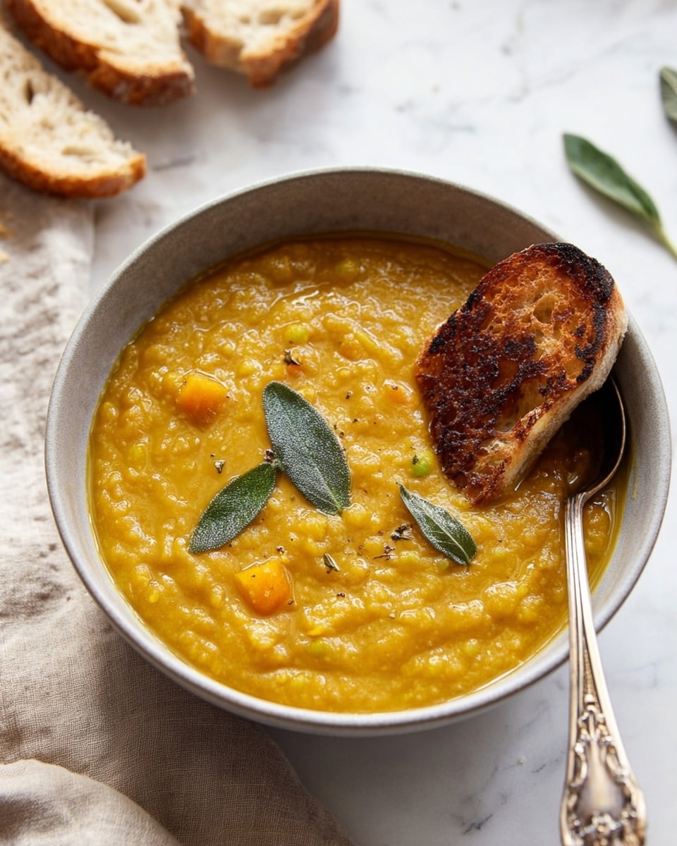 A light gray bowl filled with thick, textured yellow-orange soup containing visible small chunks of vegetables, topped with three green sage leaves in the center; a piece of toasted bread with a brown crispy crust leans inside the bowl at the front, with an ornate silver spoon resting inside the soup on the right side; the bowl is placed on a white marbled surface with part of a beige linen cloth and slices of bread shown in the upper left corner. photo taken with an iphone --ar 4:5 --v 7