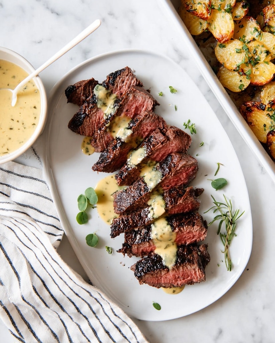 A white plate with slices of medium-rare steak arranged in a line from bottom left to top right, showing a dark brown grilled outer layer and a pink center. A creamy light yellow sauce with herbs is drizzled over the steak in a thin line. Fresh green herb leaves are scattered on and around the steak. On the left side, there is a small white bowl filled with more sauce, with a white spoon resting inside. The setup is on a white marbled surface with a white cloth with black stripes partially visible on the left, and a white dish with golden browned scalloped potatoes topped with green herbs on the upper right. Photo taken with an iphone --ar 4:5 --v 7