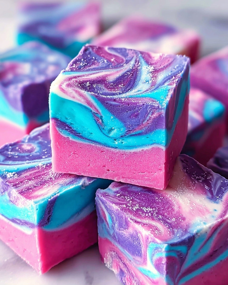 The image shows several square pieces of fudge stacked closely together on a white marbled surface. Each piece has multiple swirled layers of bright pink, turquoise, purple, and a bit of white, creating a colorful marble effect. The texture on the fudge pieces looks smooth and slightly glossy, with some visible sugar crystals on the surface. The edges of the fudge are clean but slightly imperfect, giving a homemade feel. The vibrant colors mix and flow in wave-like patterns across each layer, making the treats look both soft and rich. Photo taken with an iphone --ar 4:5 --v 7
