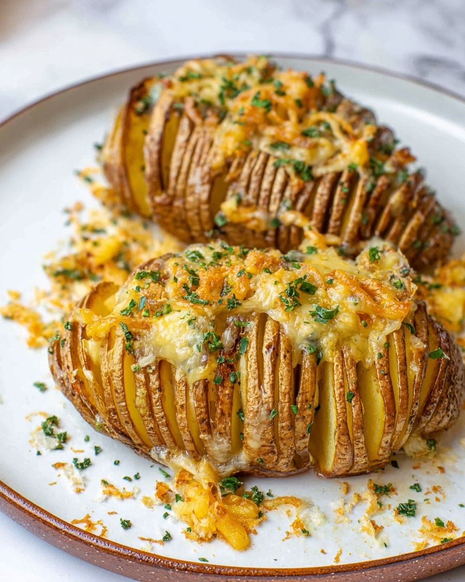 The dish shows two baked Hasselback potatoes arranged on a white plate with a brown rim. Each potato is sliced into many thin sections almost all the way through, creating about 15 uneven layers per potato in golden brown color with a crispy texture on the edges. Melted cheese with a light golden hue is spread over and between the slices, with small green herb bits dotted on top and some melted cheese crumbs falling onto the plate. The background is a white marbled surface. Photo taken with an iphone --ar 4:5 --v 7