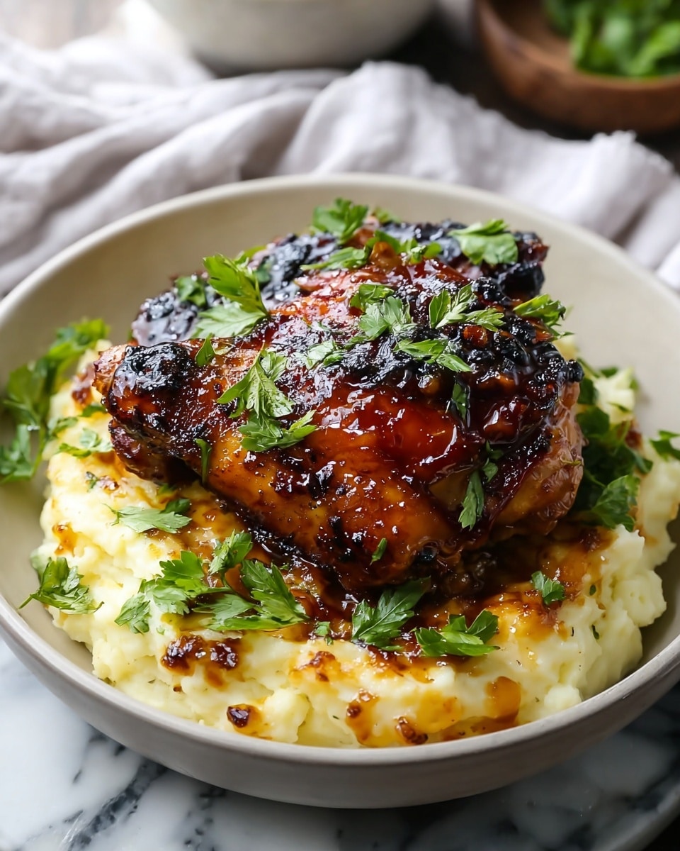 A white plate holds three main layers of food arranged neatly. The base layer is creamy mashed potatoes with a smooth, soft texture in a pale yellow shade, spread evenly across the plate. On top and slightly to one side sits a round, thick piece of meatloaf covered in a shiny brown sauce, with small chopped green herbs sprinkled on top, adding spots of bright green color. On the opposite side of the meatloaf rests a cluster of roasted broccolini with dark green, slightly charred stems and florets, also drizzled lightly with the brown sauce. The plate is placed on a woven mat surface, creating a warm and rustic look. photo taken with an iphone --ar 4:5 --v 7