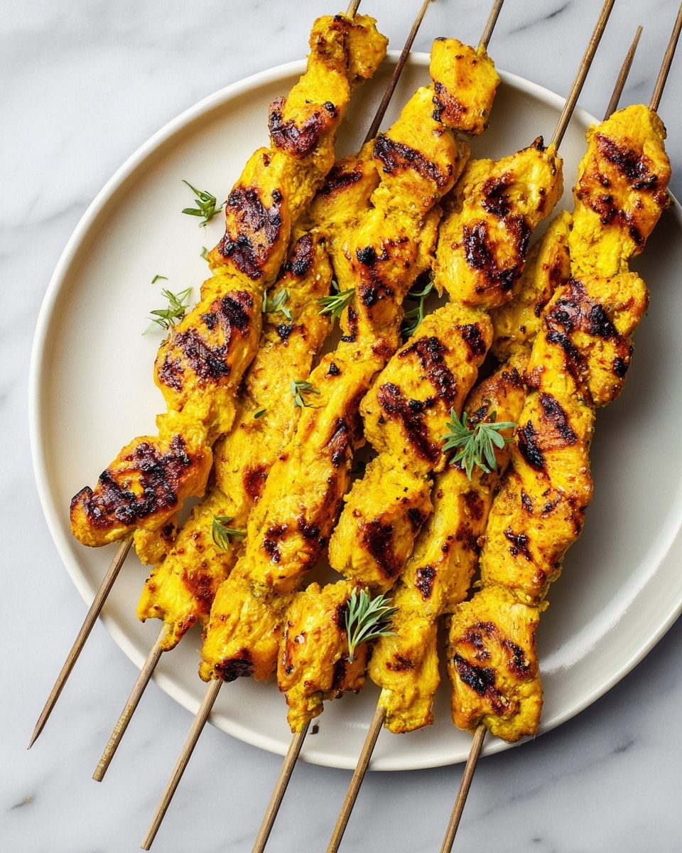 There are seven chicken skewers arranged neatly on a white plate, each skewer holding several pieces of grilled chicken that are golden yellow with dark brown grill marks. The chicken pieces have a slightly rough texture from the char, and small sprigs of green herbs are placed on top of some skewers for garnish. The plate is set on a white marbled surface, adding a clean and bright background to the image. photo taken with an iphone --ar 4:5 --v 7