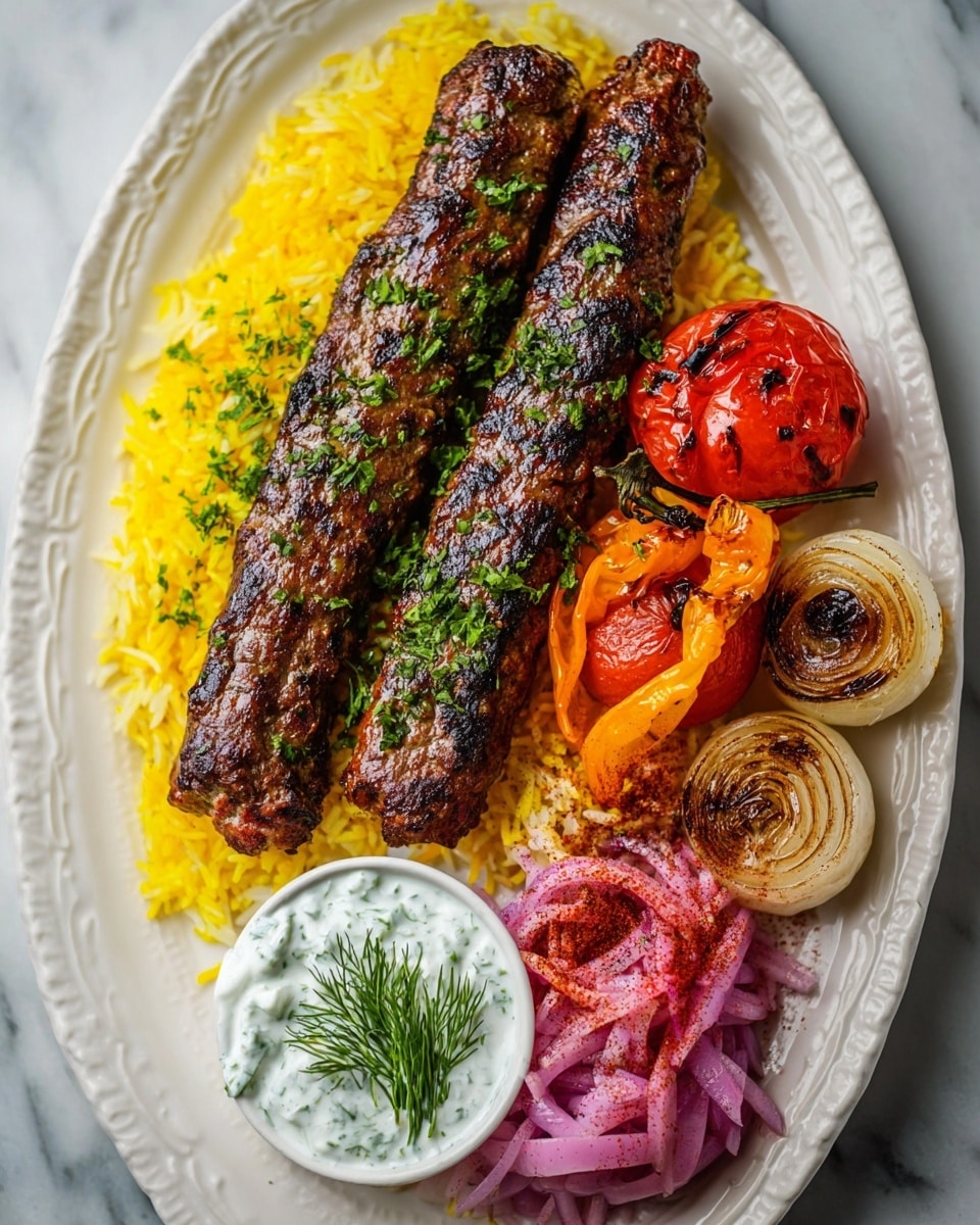 The image shows a white plate with two long grilled kebabs on top of a bed of yellow rice. The kebabs are dark brown with a crispy, textured surface and some green herb pieces scattered on them. To the right of the kebabs, there are charred red tomatoes, an orange grilled pepper, and some grilled mushrooms, all with black grill marks. Below the vegetables, there are thin slices of red onion mixed with green herbs, and a small portion of white sauce with green herbs in it is partly visible at the bottom right corner. The plate sits on a white marbled surface. photo taken with an iphone --ar 4:5 --v 7