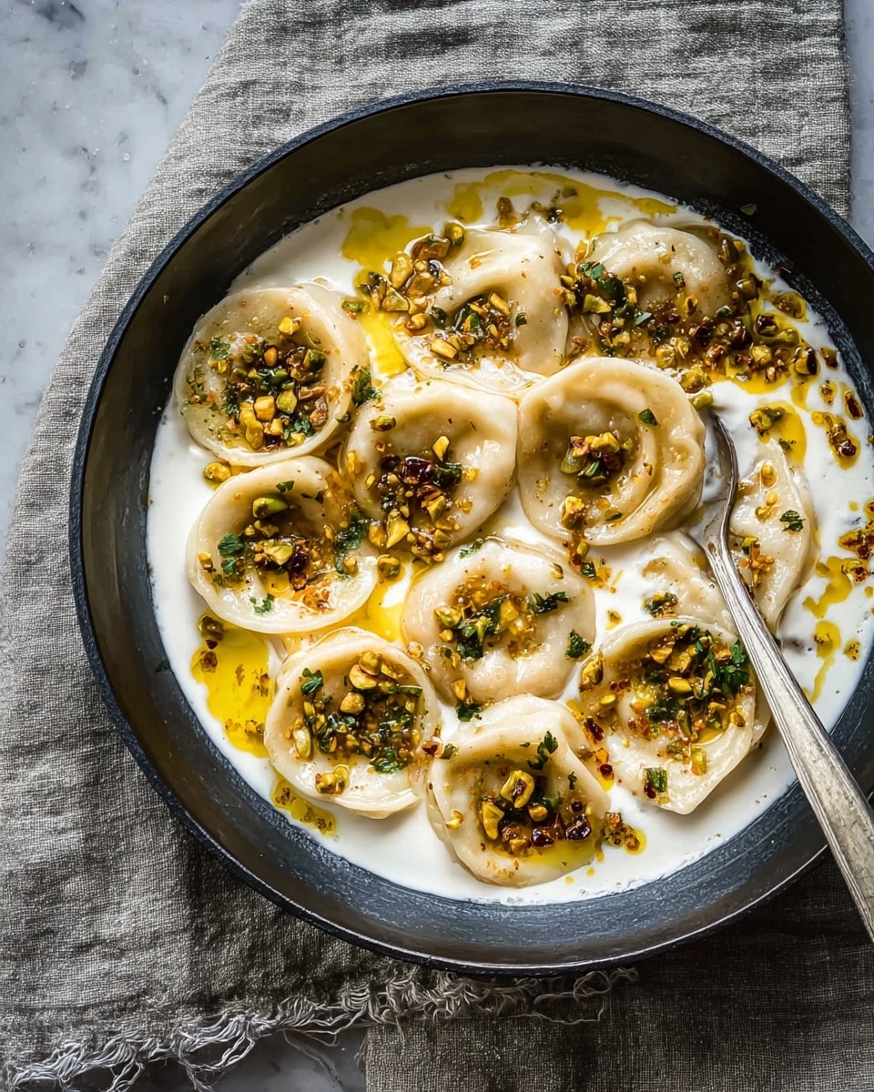 The image shows a round black pan filled with a dish of several light beige dumplings resting on a creamy, smooth white yogurt base. Each dumpling has a slightly browned edge and appears soft and tender. Over the yogurt and dumplings, there is a bright golden-yellow spicy oil drizzle mixed with green herbs and small yellow pine nuts, creating a speckled pattern of colors on top. A silver spoon is placed inside the pan on the right side, partially under one dumpling. The pan sits on a soft gray fabric with a white marbled surface below. photo taken with an iphone --ar 4:5 --v 7