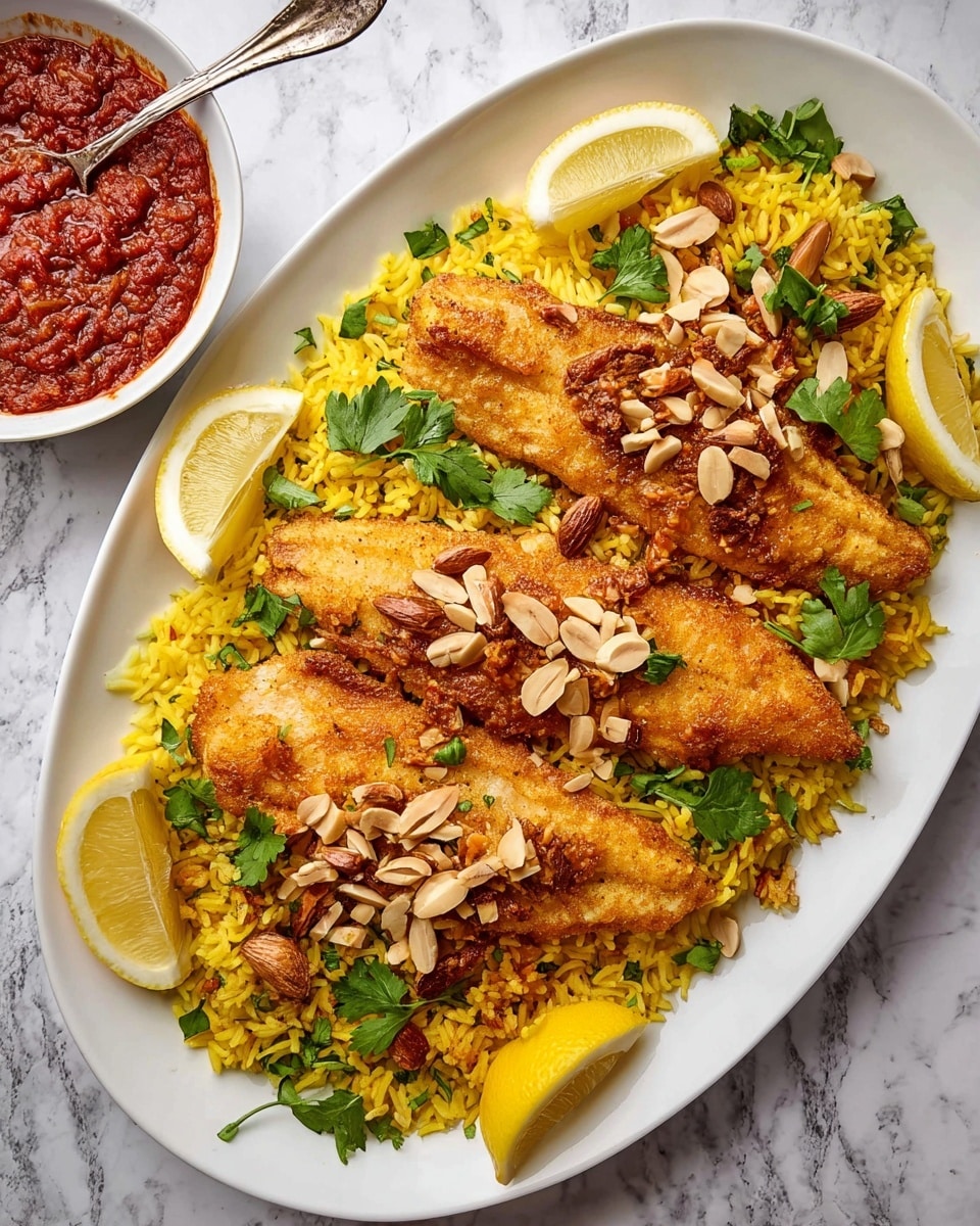 A white plate with three main layers: on the left, bright yellow rice with small nuts mixed in, topped with a few green cilantro leaves; in the center, a piece of golden brown fried fish garnished with sliced toasted almonds and pine nuts, also decorated with cilantro leaves; on the right, a creamy salad made of diced cucumbers, tomatoes, and red onions mixed in white sauce, some of the sauce spreading beneath the salad. A lemon wedge is placed at the bottom left corner of the plate. The plate is set on a white marbled texture with a striped cloth napkin and silver cutlery on the right side. photo taken with an iphone --ar 4:5 --v 7