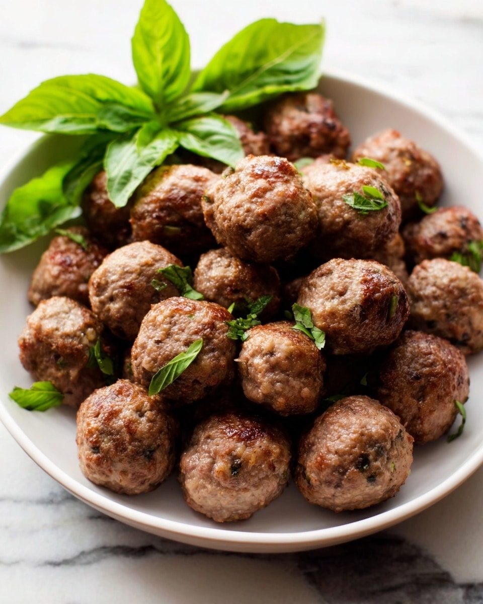 A white bowl filled with around twenty brown meatballs, each showing a slightly rough texture, some with small green herbs on top. A few sprigs of fresh green basil leaves sit on the left side of the bowl, adding a fresh touch. The bowl rests on a surface with a white marbled texture, and the lighting highlights the meatballs’ juiciness and the fresh green of the basil. Photo taken with an iphone --ar 4:5 --v 7