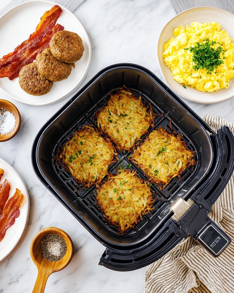 A black air fryer basket holds four golden-brown hash brown patties, each with a crispy texture and some green parsley sprinkled on top, arranged in a grid pattern. To the left, a white plate shows crispy cooked bacon strips and round, browned sausage patties on a white marbled surface with a striped cloth underneath. On the right side, another white plate holds light yellow scrambled eggs garnished with a small bunch of green parsley. Above the air fryer basket, two small wooden bowls contain black pepper and coarse salt with a small wooden spoon resting inside the salt bowl. Photo taken with an iphone --ar 4:5 --v 7