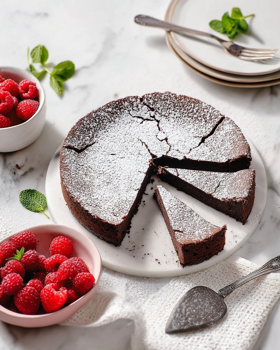 A round chocolate cake with a cracked top and a thick layer of powdered sugar dusted over it sits on a white marble board. The cake is cut into five slices, three separated slightly from the main cake, showing the dense, dark chocolate inside. Around the cake, there is a white bowl with fresh red raspberries and green mint leaves on a white marbled surface, as well as a white plate holding a pink bowl filled with bright red strawberries, a silver fork, and a sprig of mint. A silver cake server rests on a white textured cloth near the cake. photo taken with an iphone --ar 4:5 --v 7