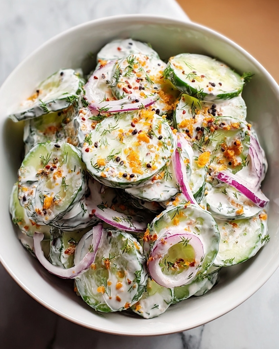 A white bowl filled with a creamy cucumber salad showing several layers of thinly sliced cucumbers coated with a white yogurt dressing. Mixed within are thin rings of light purple onion and small bits of orange seasoning sprinkled on top. The salad is garnished with specks of black seeds and finely chopped green herbs, all resting on a white marbled surface. photo taken with an iphone --ar 4:5 --v 7