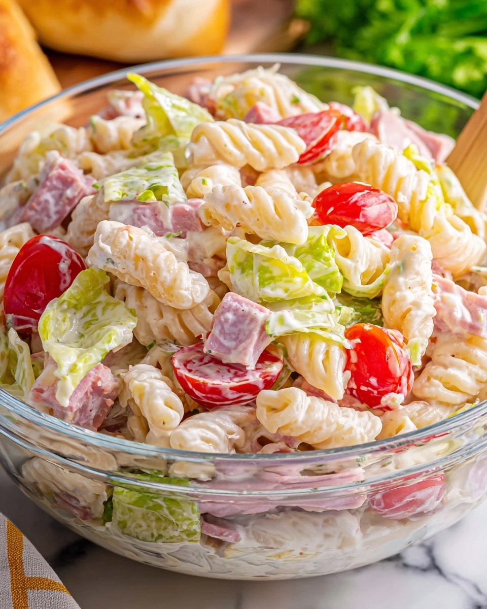 A clear bowl filled with a creamy pasta salad showing several layers: at the bottom, short, ridged pasta in a pale cream color coated in a creamy white sauce; mixed throughout are chunks of pink ham, bright green lettuce pieces, and halved red cherry tomatoes, all covered lightly with the same creamy dressing, creating a fresh and colorful texture mix. The bowl sits on a white marbled surface with some blurred greenery and bread in the background. photo taken with an iphone --ar 4:5 --v 7