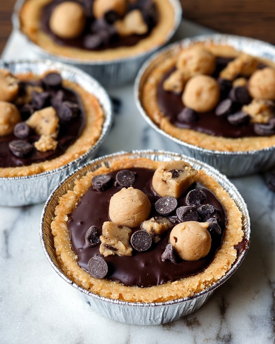 The image shows six small tarts in silver foil cups arranged in two rows on a white marbled surface. Each tart has three layers: the bottom layer is a pale golden crust, the middle layer is a smooth, dark chocolate filling that fills the tart nearly to the top, and the top layer consists of small light brown cookie dough balls and chunks of browned cookie pieces scattered over the chocolate, adding texture and color contrast. The focus is on the front tart with the others softly blurred in the background. Photo taken with an iphone --ar 4:5 --v 7